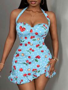 Slaydiva 2025 New Mini Cherry Pattern Bodycon Dress - Baby Blue - View 7