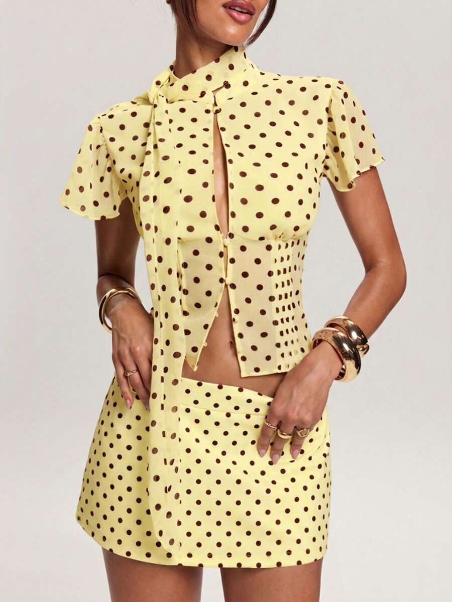 SHEIN BAE Women's Polka Dot Print Short Sleeve Top, Summer Fashion,Summer Top - Yellow - View 1