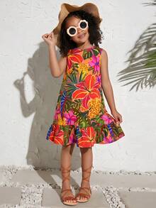 SHEIN 年轻女孩度假休闲时尚编织热带花卉印花露背连衣裙 - 紅色 - 查看 1