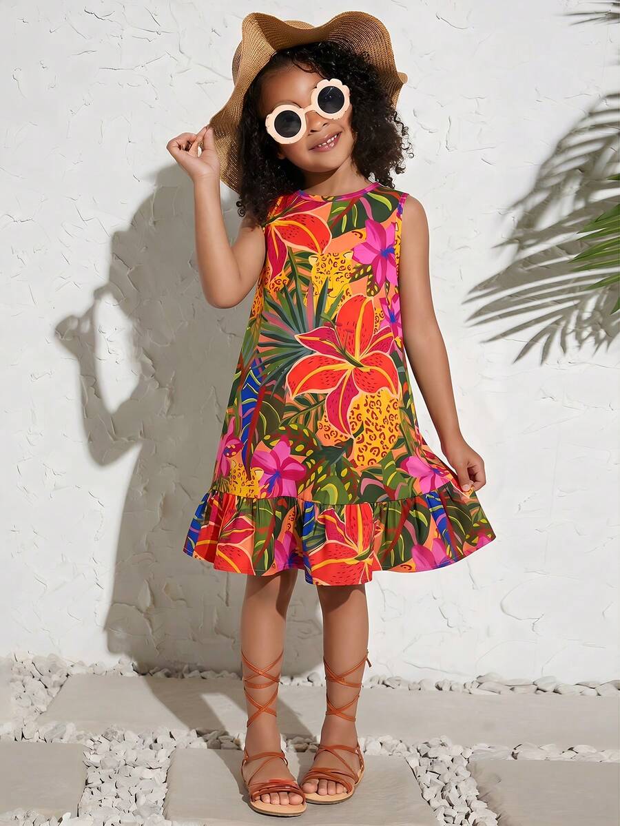 SHEIN 年轻女孩度假休闲时尚编织热带花卉印花露背连衣裙 - 紅色 - 查看 1