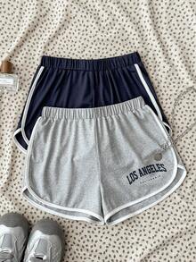 2pcs/Set Tween Girls' Fashionable Casual Colorblock Letter Print Fitted Shorts - Multicolor - View 1