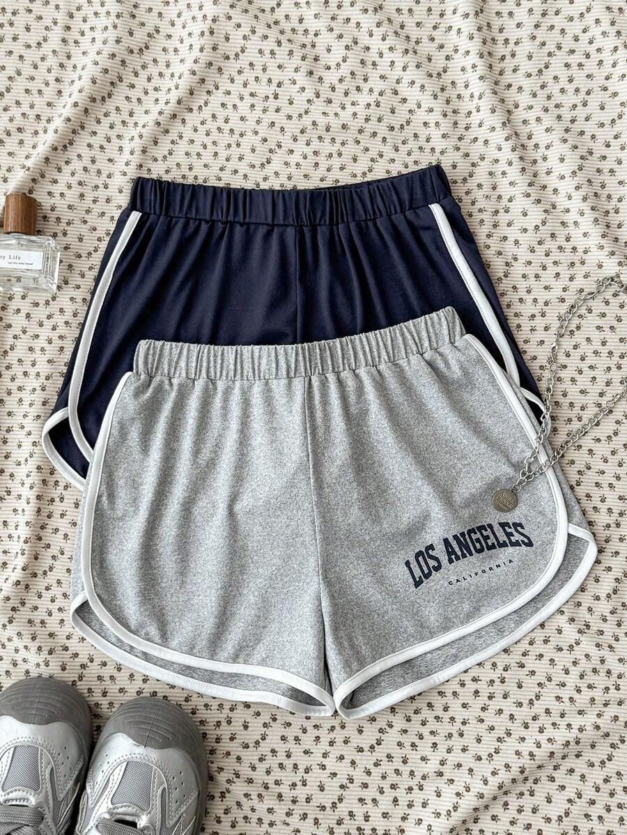 2pcs/Set Tween Girls' Fashionable Casual Colorblock Letter Print Fitted Shorts - Multicolor - View 1