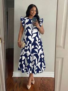SHEIN Lady CURVE Vestido casual de verano con estampado floral de talla grande - Azul Marino - Ver 5