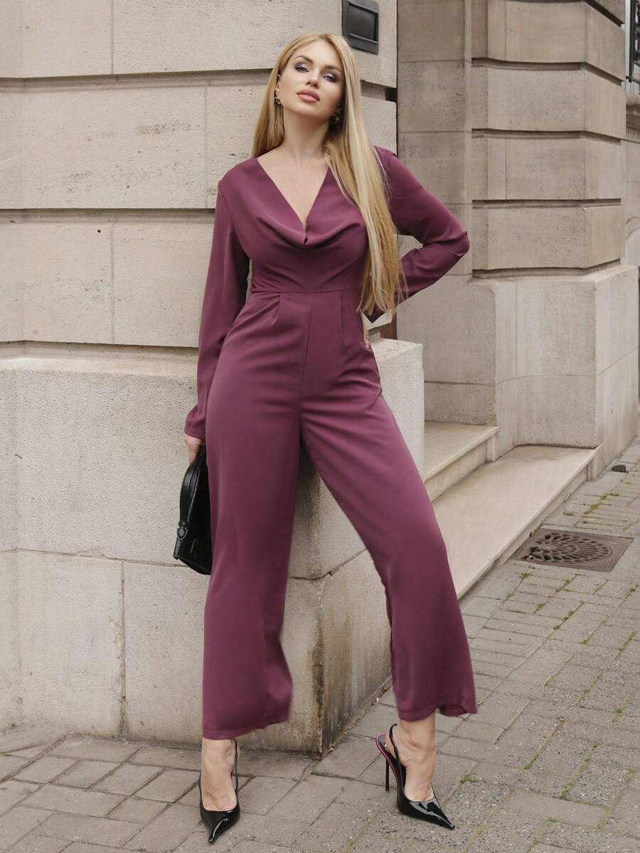 Elenary Edit 优雅现代通勤浪漫约会性感派对海滩度假深V领露背收腰长袖阔腿白色长裤，适合节日、婚礼、音乐节等场合。 - 紫色 - 查看 1