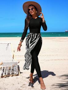 Swim Shayni 3pcs Set: Solid Color Long Sleeve Top, Long Pants And Mesh Cover-Up Swimwear For Young Middle Eastern Women - Black and White - View 3