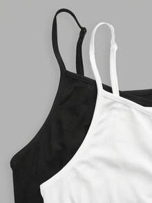 SHEIN EZwear Plus Size Solid Color Spaghetti Strap Casual Summer Curved Hem Daily Wear Tank Top Zipper Top Black And White Tops Women Cami Tops For Women - Black and White - View 7