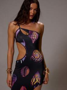 MUSERA 不对称镂空印花长款连衣裙，春夏海滩度假性感可爱波西米亚风伊比沙岛音乐节海胆 - 彩色 - 查看 2