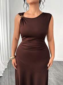 SHEIN PETITE CURVE 大码女式纯色不对称领优雅连衣裙 - 棕色 - 查看 6