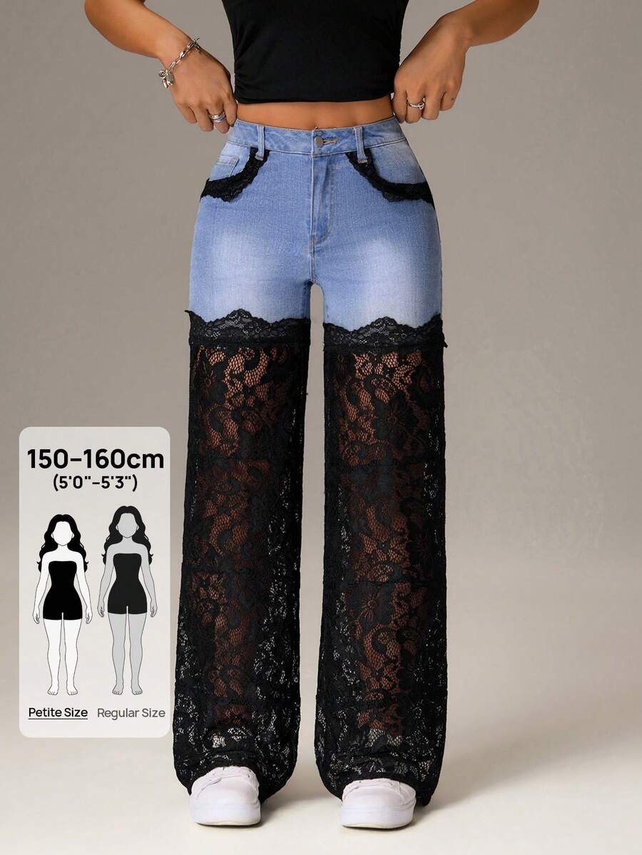 SHEIN PETITE Jeans casuales de mujer con bolsillos en diagonal y detalles de encaje en contraste - Multicolor - Ver 1