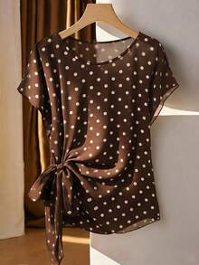 SHEIN PETITE Áo sơ mi ngắn tay nữ màu nâu trắng chấm bi, chất liệu hơi xuyên thấu, trang phục thanh lịch cho kỳ nghỉ hè. - Nhiều màu - Xem 1
