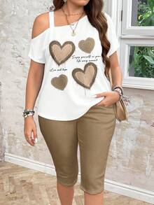 SHEIN LUNE Bộ đồ 2 món cỡ lớn, họa tiết hoa tối giản, phong cách thường ngày, thích hợp cho mùa hè. - Màu Khaki - Xem 6