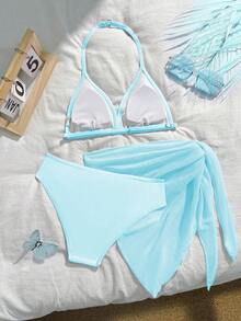 SHEIN 3件套少女黑色系列泳装套装，适合海滩度假派对、春夏穿着 - 淺藍色 - 查看 2
