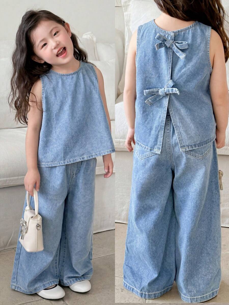 SHEIN Bộ đồ hai mảnh thường ngày cho bé gái: áo không tay hở lưng và quần jeans. - Rửa nhẹ - Xem 1