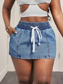 SHEIN VaVaLuxe Women's Casual Streetwear Denim Mini Skirt Daytime Going Out Light Blue Summer - Medium Wash - View 4