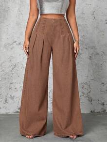 SHEIN SXY Quần jean nữ dáng rộng xếp ly thời trang, đa năng. - màu nâu - Xem 5