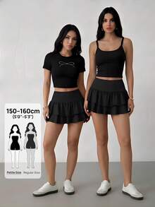 SHEIN PETITE Falda de mujer con dobladillo de volantes de doble capa en línea A - Negro - Ver 10