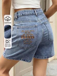 Livesso Women's Spring Summer Embroidered Letter Graphic Decorated Vintage Streetwear Washed Relaxed Straight Leg Casual Beach Vacation Shorts Blue - Blue - View 1