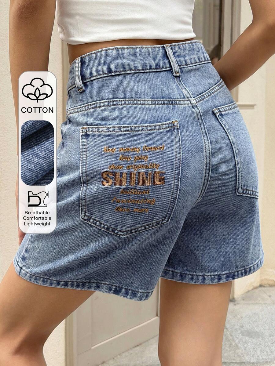 Livesso Women's Spring Summer Embroidered Letter Graphic Decorated Vintage Streetwear Washed Relaxed Straight Leg Casual Beach Vacation Shorts Blue - Blue - View 1