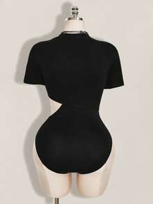 SHEIN ICON 女款大尺碼 Y2K 黑色秋季夜店舞廳復古鏤空解構 2 合 1 修身 T-shirt 連身衣 都市街頭風 - 黑色 - 查看 2