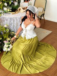 Celure Plus Size Women's Knit Camisole Lace Trim Tie-Up Flared Skirt 2-Piece Set,White Summer Curve Party Holiday Elegant Beach Vacation Outfits - Green - View 7