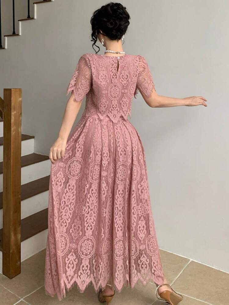 Women's Loose Casual Lace Cropped Top And Skirt 2 Pieces Set, Spring/Summer Lounge Sets For Women