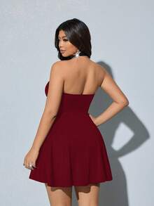 Viva Relle Plus Size Elegant Backless Halter Neck Ruffle Hem Dress, Summer - Burgundy - View 2