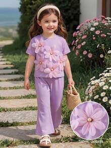 Genkimix Kids 2pcs/Set Girls (Small) Knitted Short Sleeve Apricot Floral Pearl Button Top T-Shirt And Solid Color Flared Pants Casual Elegant Children Summer Outfit Spring Clothes For Kids Kids Coords For Girls Young Girls Clothing Sets Kids Clothes For Girl Girls Clothing Sets Retro Outfit For Kids Spring Outfits For Girls Flower 2 Piece Set - Purple - View 5