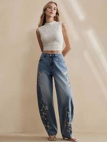 Anewsta Quần jeans ống loe màu xanh dương sang trọng thêu hoa dành cho nữ, thích hợp cho mùa xuân/hè, phong cách lãng mạn, dự tiệc hoặc đi nghỉ mát. - Màu xanh lam - Xem 4