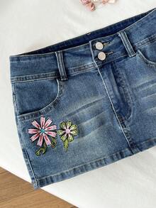 Elamini Chân váy denim xanh cổ điển thêu hoa nhiều màu sắc dành cho nữ - Rửa trung bình - Xem 3
