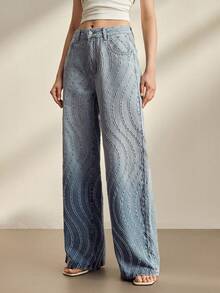 Anewsta Pantalones vaqueros de mujer con gradiente azul de estilo jacquard para primavera/verano - Azul - Ver 4