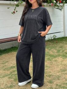 Muchica Plus Size Letter Embossed T-Shirt And Pants 2 Pieces Set - Black - View 5