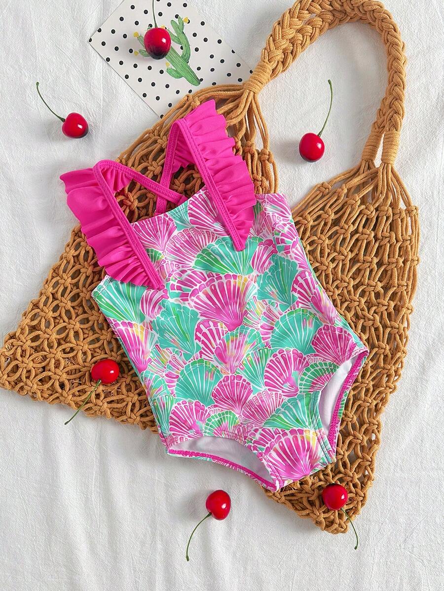 Traje de baño de una pieza con estampado de conchas de colores y volantes para bebés niñas, diseño ajustado adecuado para la playa, vacaciones y actividades de verano - Multicolor - Ver 1