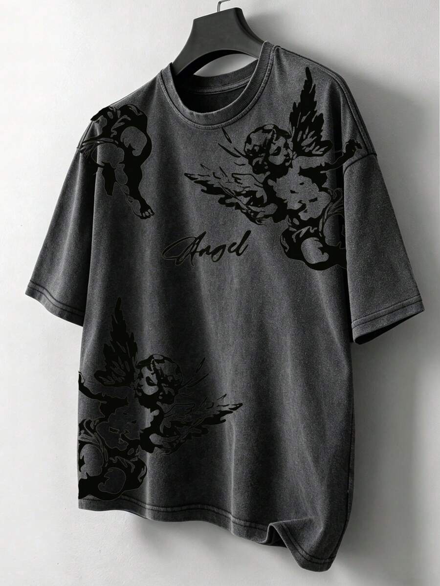 Chillumni Áo thun nam cổ tròn bằng cotton kiểu retro Angel - màu đen - Xem 1