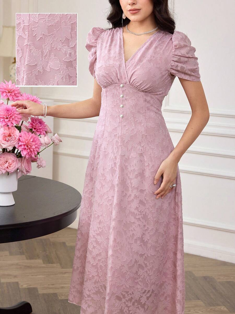 Modelyn 女士修身连衣裙,交叉领口装饰,珍珠纽扣,泡泡袖 - 粉色 - 查看 1