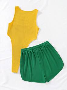 SHEIN Unity 2pcs/Set Summer Casual Letter Print Sleeveless Jumpsuit And Shorts - Multicolor - View 2