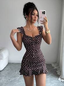 BamGleam Vestido de verano ajustado con volantes en el cuello, mangas cortas, lunares y volantes en el bajo - Marrón - Ver 5
