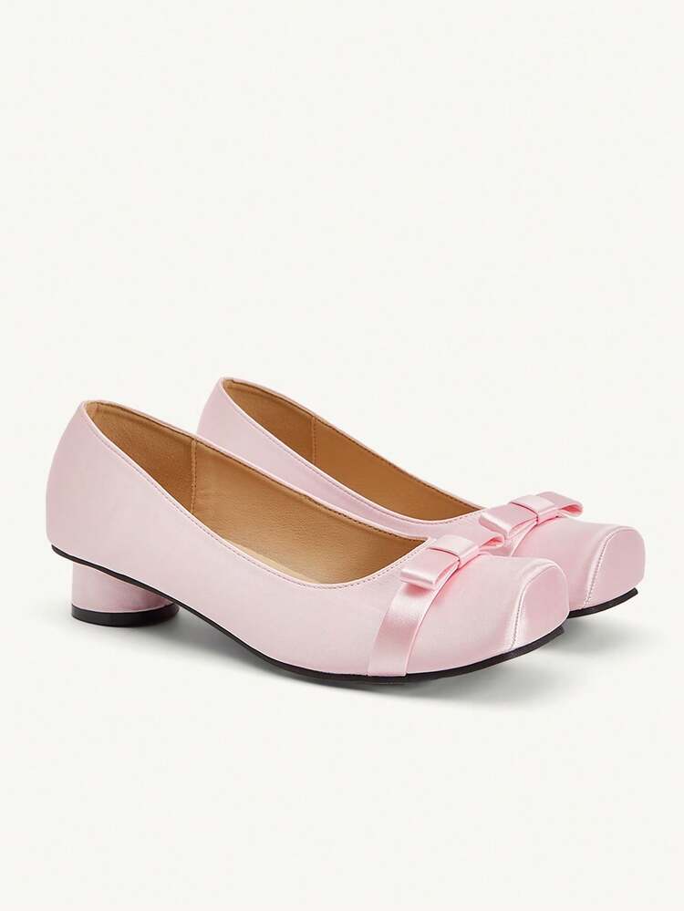 CUCCOO CHICEST Women's Bow Square Toe Block Heel Low Heel Elegant Retro Satin Pink Pumps Commute Office Casual Shoes