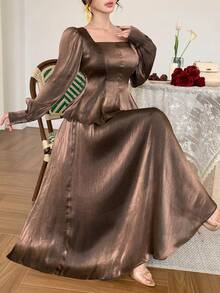 DAZY Elegant Satin Brown Round Neck Blouse And Long Skirt 2 Pieces Set, Spring/Summer - Brown - View 1