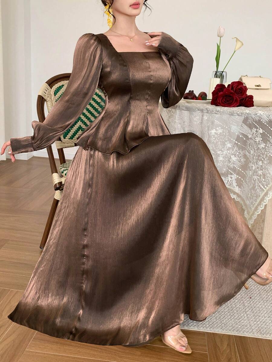DAZY Elegant Satin Brown Round Neck Blouse And Long Skirt 2 Pieces Set, Spring/Summer - Brown - View 1