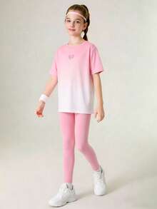 SHEIN Ensemble 2 pièces pour préadolescentes : T-shirt + Leggings, Tenue de sport élastique colorée pour le yoga/l'entraînement/la course à pied - Rose bonbon - Voir 3