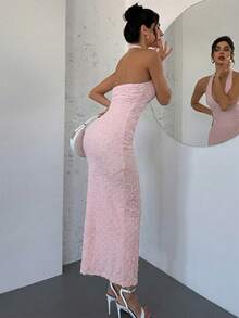 Firerie Elegant Romantic V-Neck Sleeveless Textured Bodycon Maxi Dress, Suitable For Date Nights, Spring/Summer,Summer Dresses For Women - Baby Pink - View 3