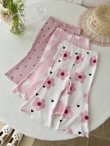 LMoss Kids 3pcs Baby Girl Knitted Polka Dot & Floral Heart Pattern Jumpsuit & Flare Pants Set - Multicolor - View 2