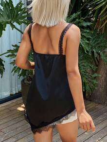 Livesso Women's Lace Patchwork Casual Loungewear Top - Black - View 2