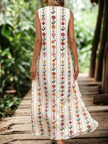 SHEIN LUNE 女士休闲无袖V领印花长连衣裙 夏季日常户外穿着 - 彩色 - 查看 2