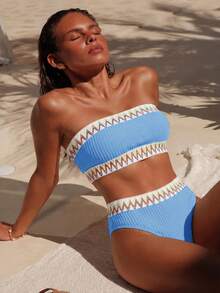 Swim Vcay Conjunto de bikini de verano para mujer con top bandeau de patchwork y Bottom triangular - Azul - Ver 1