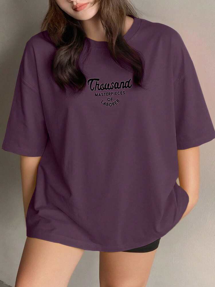 Dazy Plus Plus Size Letter Print Loose Fit Crew Neck Short Sleeve Burgundy T-Shirt Oversized