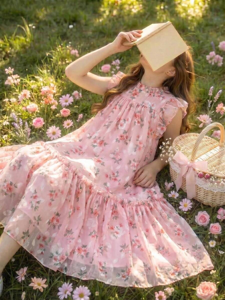 SHEIN 少女无袖粉色碎花雪纺连衣裙,公主风荷叶袖层叠连衣裙,适合夏季休闲派对、野餐、海滩日常出行 - 粉色 - 查看 1