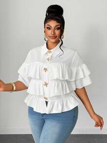 Maweii Blusa romántica de estilo francés con diseño de volantes multicapa para mujer de talla grande - Blanco - Ver 7