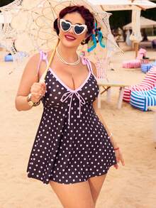 Swim Mod 2026新款加大码女式两件套，复古波点印花吊带V领上衣搭配高腰短裤，适合海滩度假泳装、夏季度假套装、派对礼服、优雅女士沙滩泳装、女士度假服装 - 彩色 - 查看 5