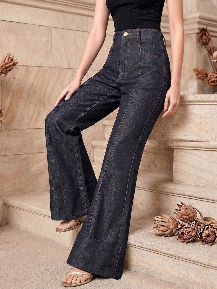 Anewsta Women's Elegant Casual 61.5% Cotton Classic Flared Hem Jeans, Spring/Summer New Arrival. Minimalist Design, Suitable For Daily, Commute, Leisure Wear In Spring And Summer, Versatile And Modern. - Blue - View 1